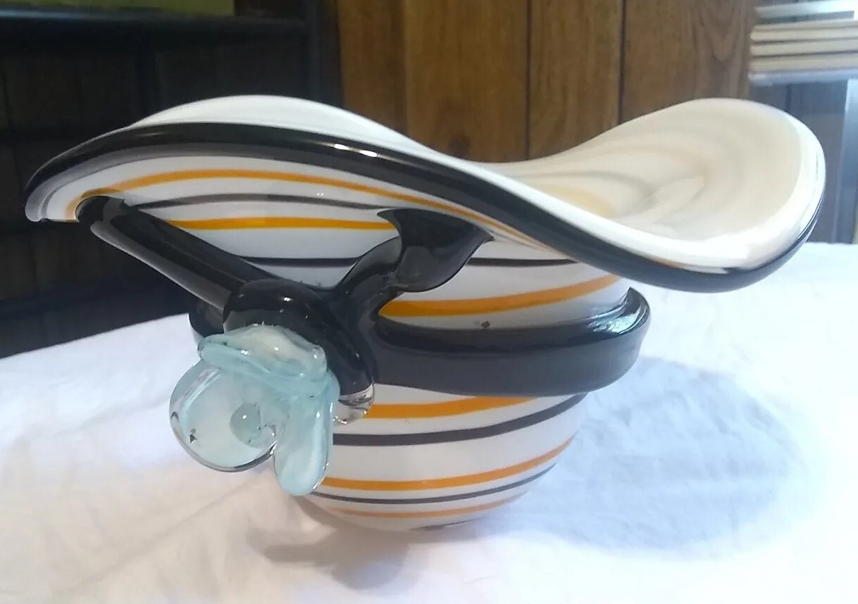 Trinket Candy Dish Bowl Art Glass Hand Blown Black Orange w/Blue Flower