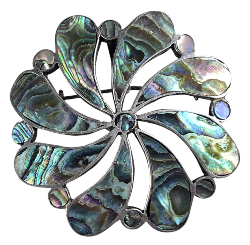 Vintage Taxco Mexico sterling silver abalone pinwheel brooch