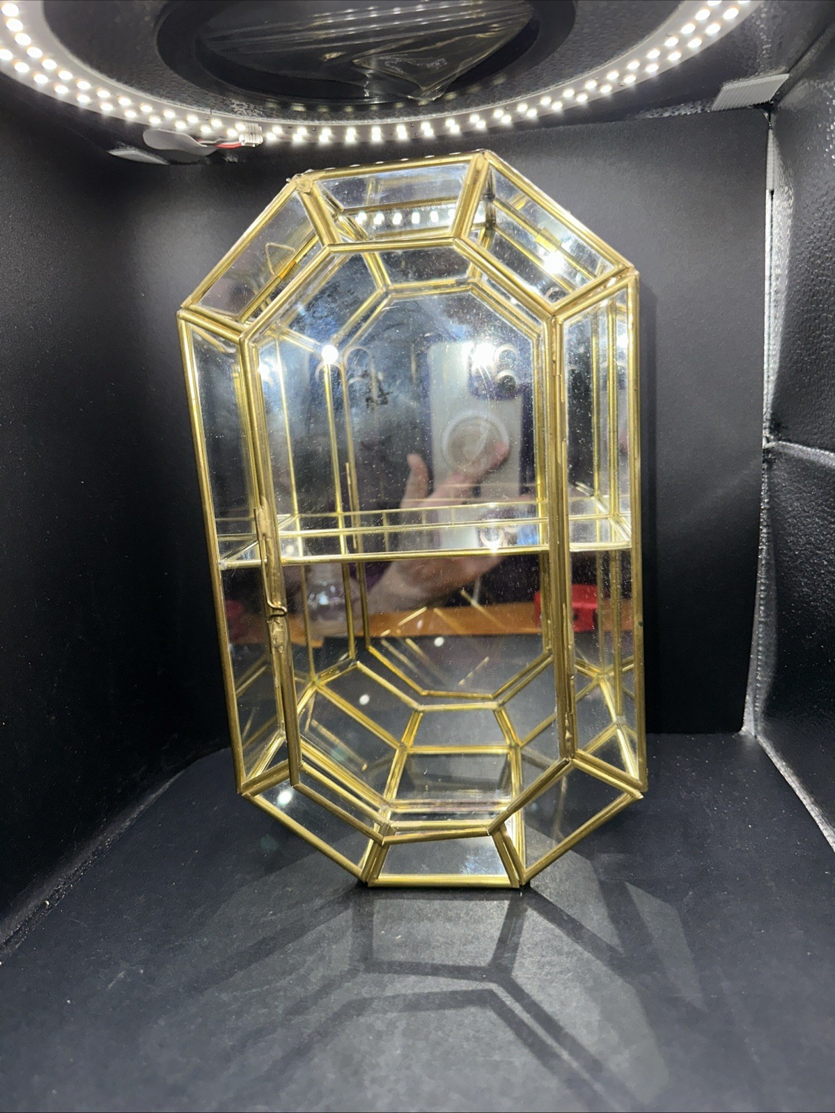 VTG Brass Glass Curio Knick Knack Display Case Cabinet Jewelry Perfume 8 Sided