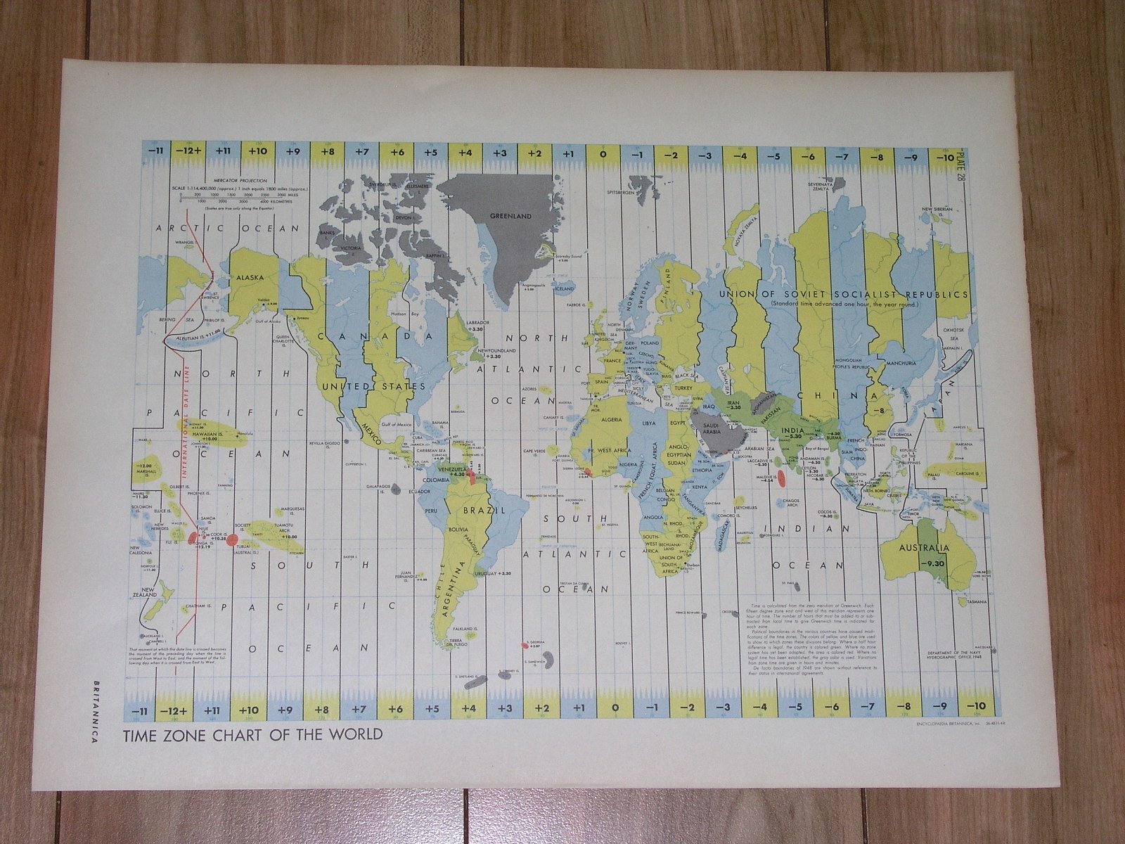 1949 VINTAGE MAP OF WORLD TIME ZONES / SEA OCEAN TRANSPORTATION MAIN SHIP ROUTES