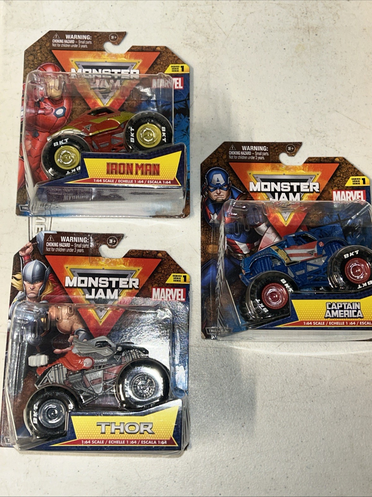 monster jam 1:64 marvel series 1 lot of 3 Thor , Iron man & captain america