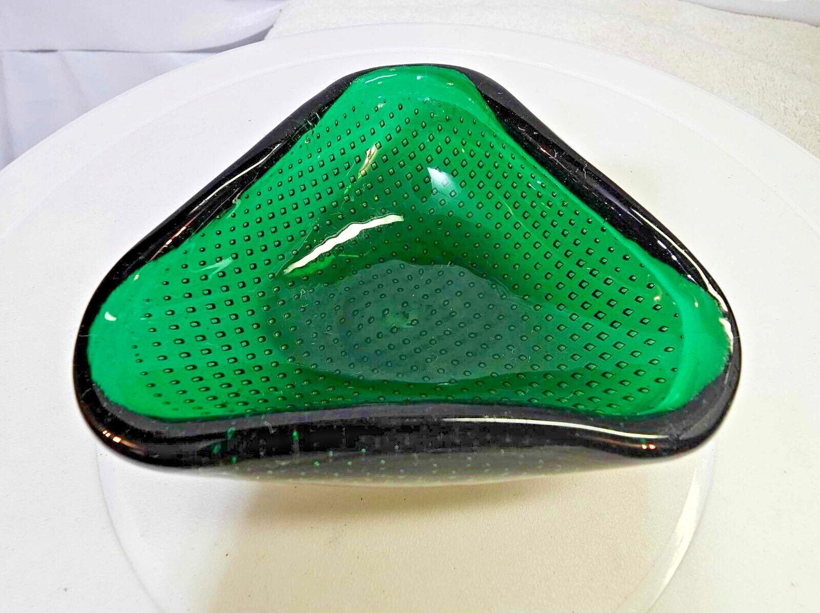 Vtg Green Glass Murano Bullicante Bowl/ Ashtray /Dish Pin Italian 1970's- A3