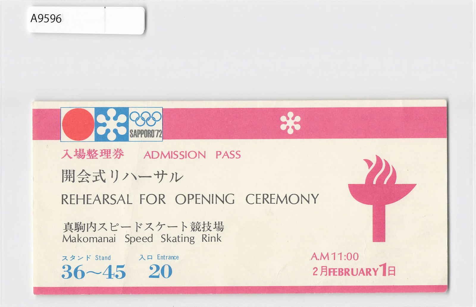 Sapporo Olympics '72 Opening Ceremony Ticket Stub[A9596]8d7