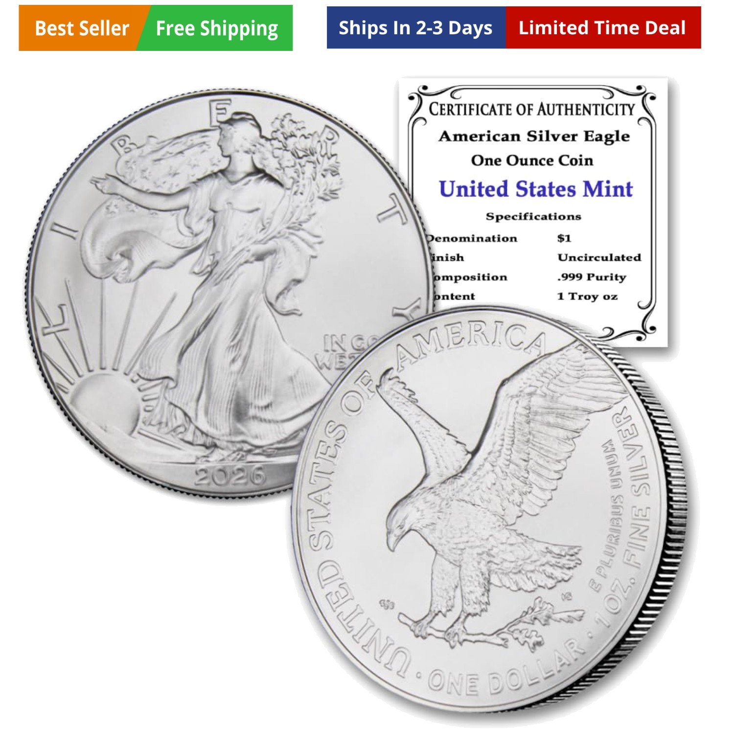 2026-1 oz American Silver Eagle Coin Brilliant Uncirculated with Certificate ...
