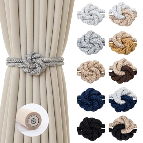 Magnetic Curtain Tiebacks Holdbacks - Wood Tie Backs Rope Holder with 2 Silver