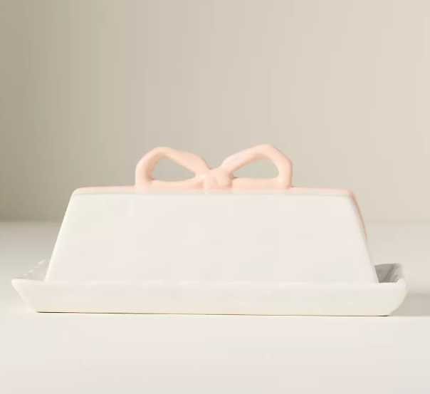 New Anthropologie Benedita Bow ceramic stoneware butter dish in pink