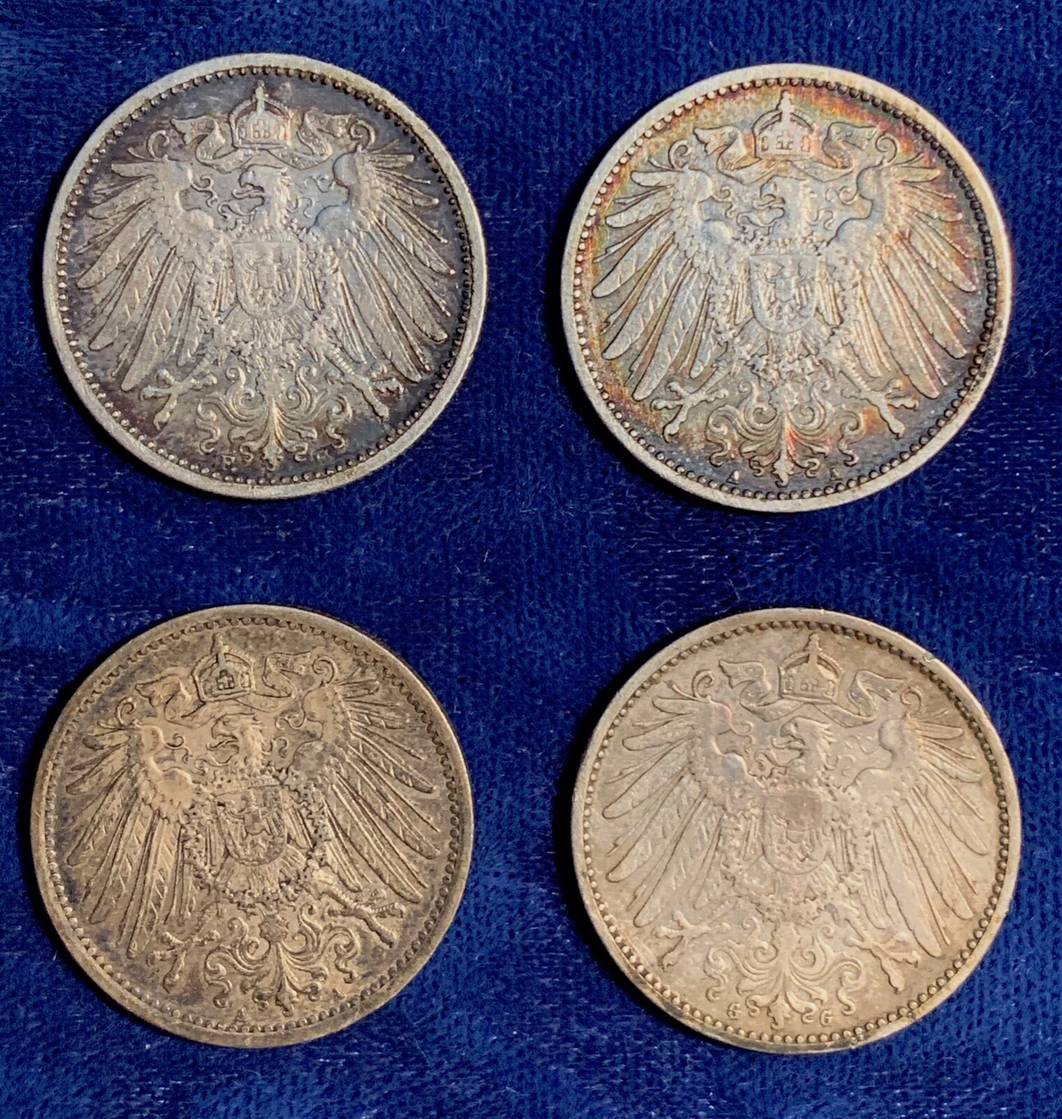 GERMANY EMPIRE  1900-A, & 1901-A-F-G,  1 MARK SILVER COINS, GROUP LOT OF (4)