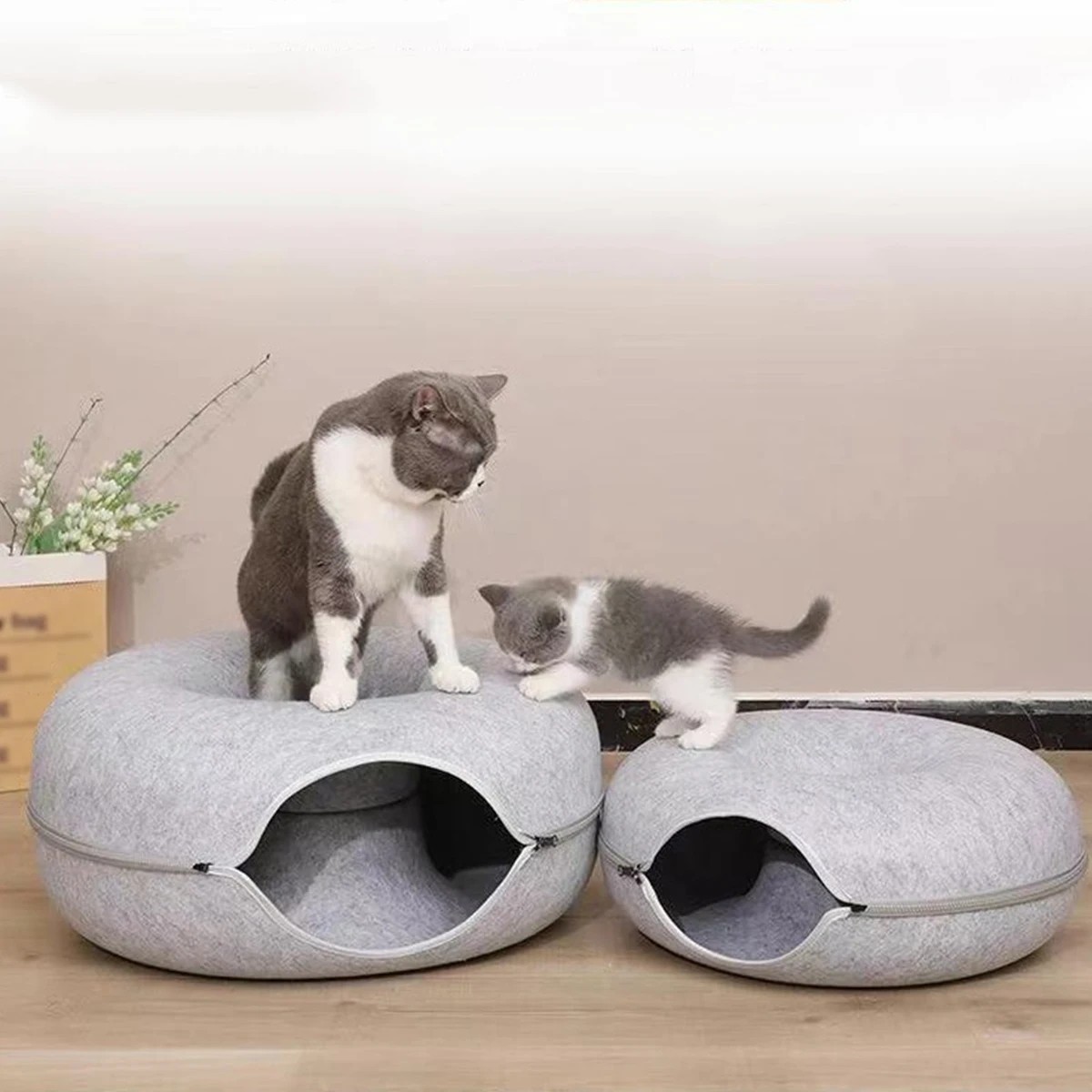 Peekaboo Cat Cave EXTRA LARGE Cat Tunnel Bed Indoor Cats, Cat Donut,Gray