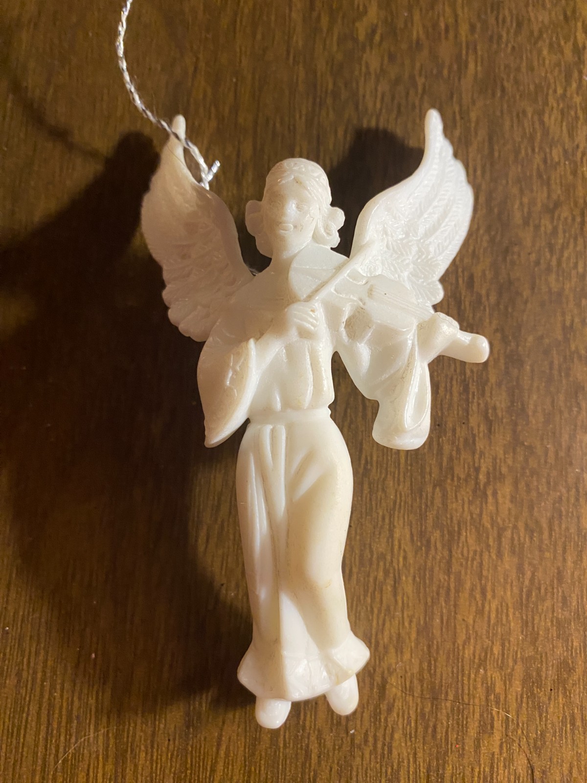 Vintage White Hard Plastic Angel Playing Instrument Christmas Ornament 3 3/4"