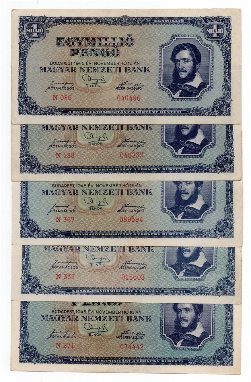 Hungary 1 million pengo 1945 P-122 / XF / 5 PCS LOT