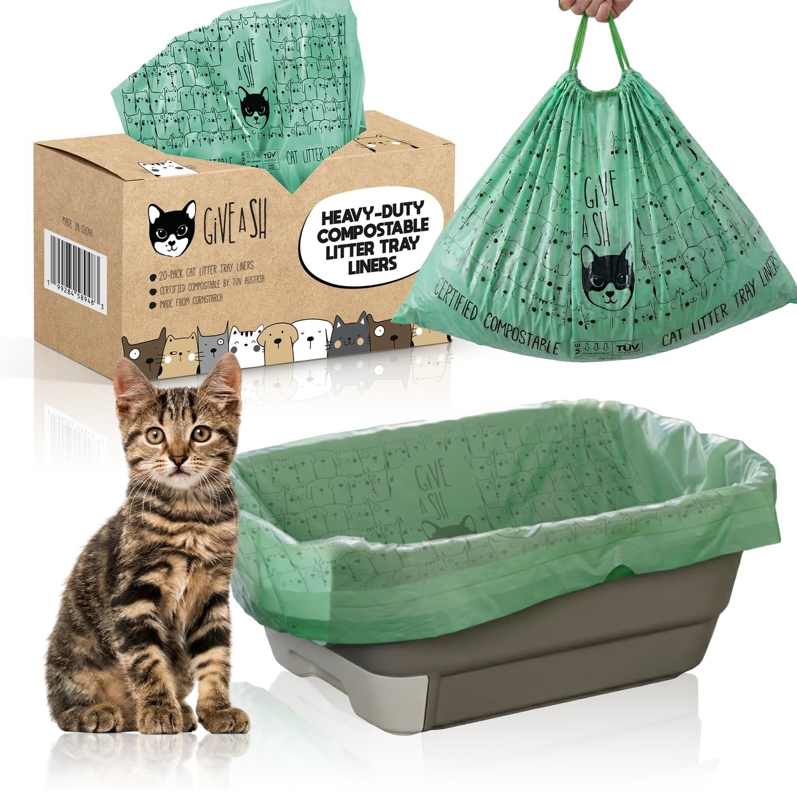 Home Compostable Cat Litter Box Liners, Jumbo XL 36” x 19” Drawstring - Extra...