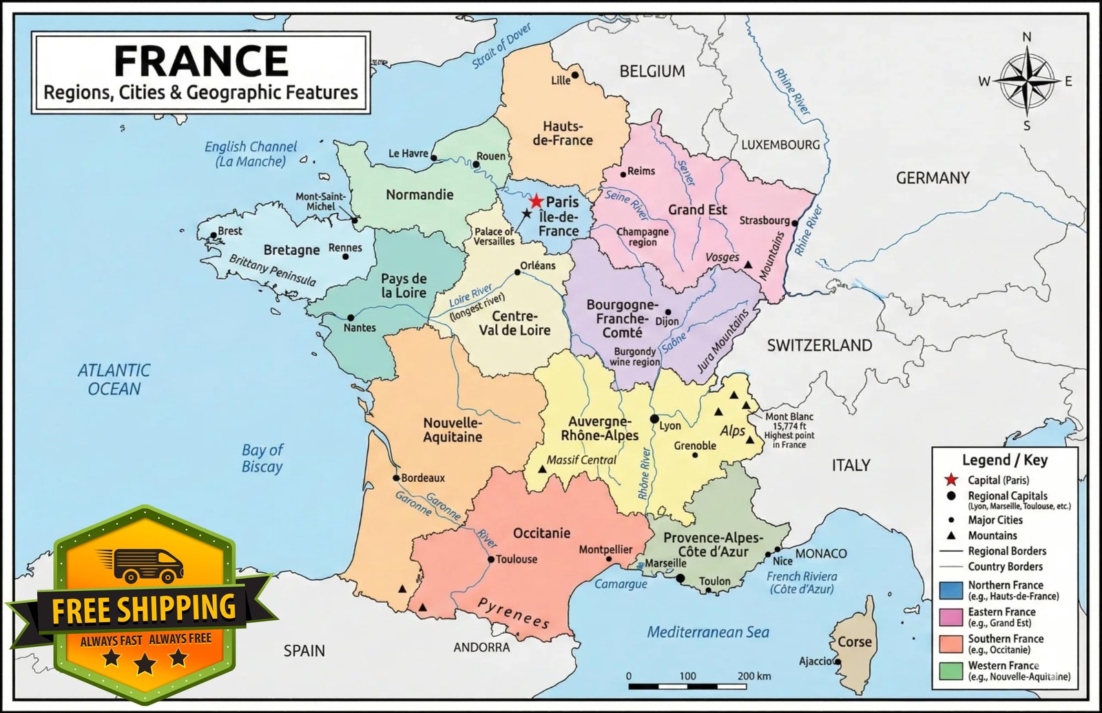 JELLY BEAN GENIUS France Map Poster 11x17 Laminated Geography Chart