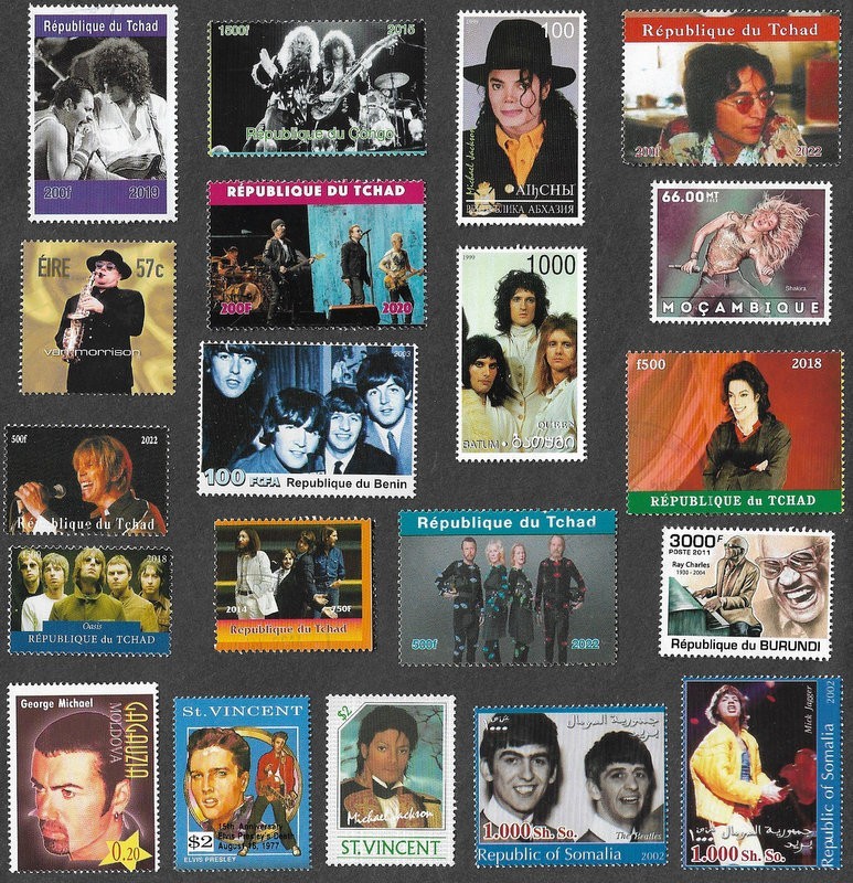 MUSIC POP ROCK STARS GROUPS SINGERS 20 ALL DIFFERENT STAMPS COLLECTION 7/3/26 C