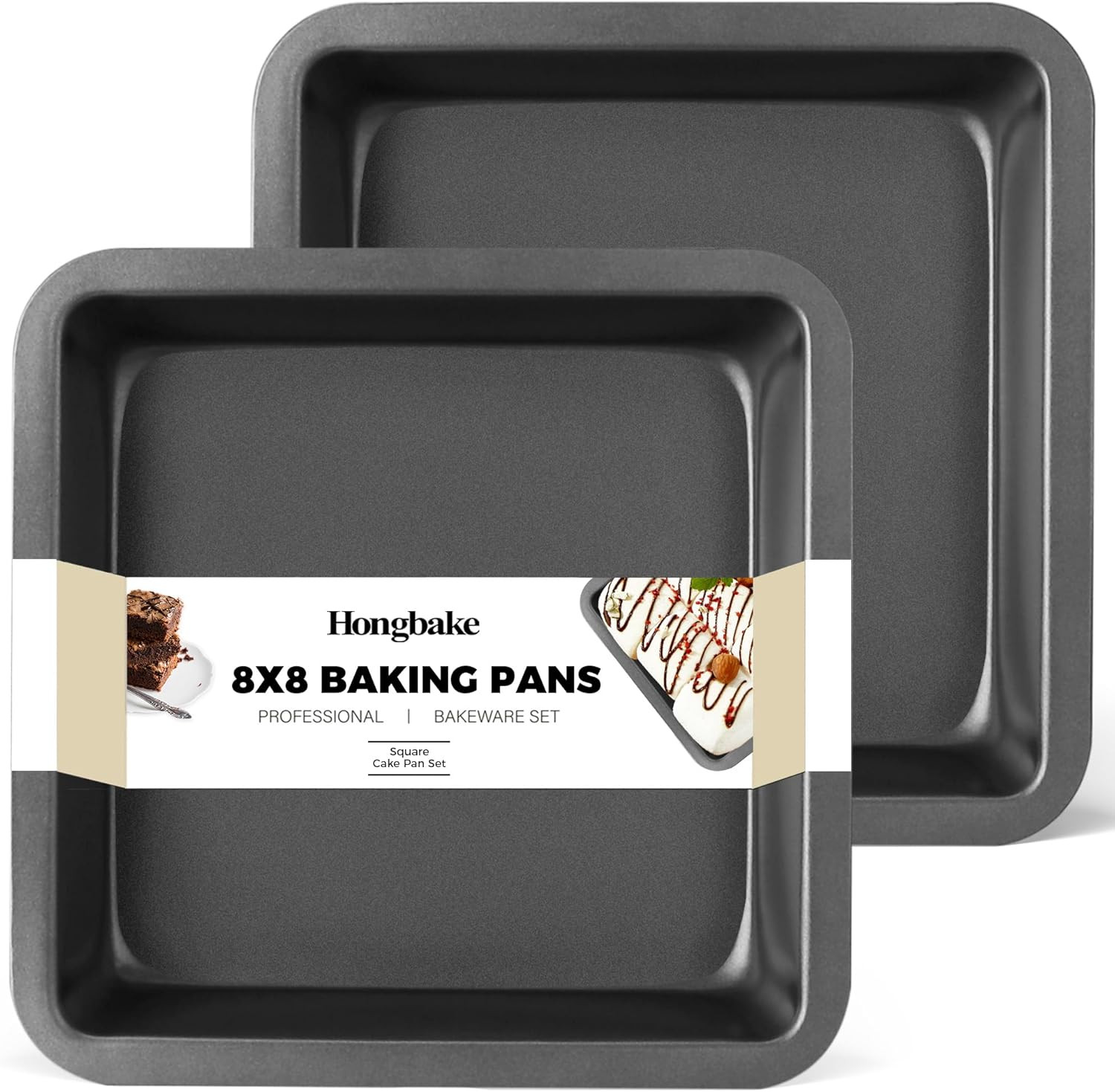 HONGBAKE 8X8 Cake Baking Pan Set, Nonstick Square Brownie Pans with Wider Grips,