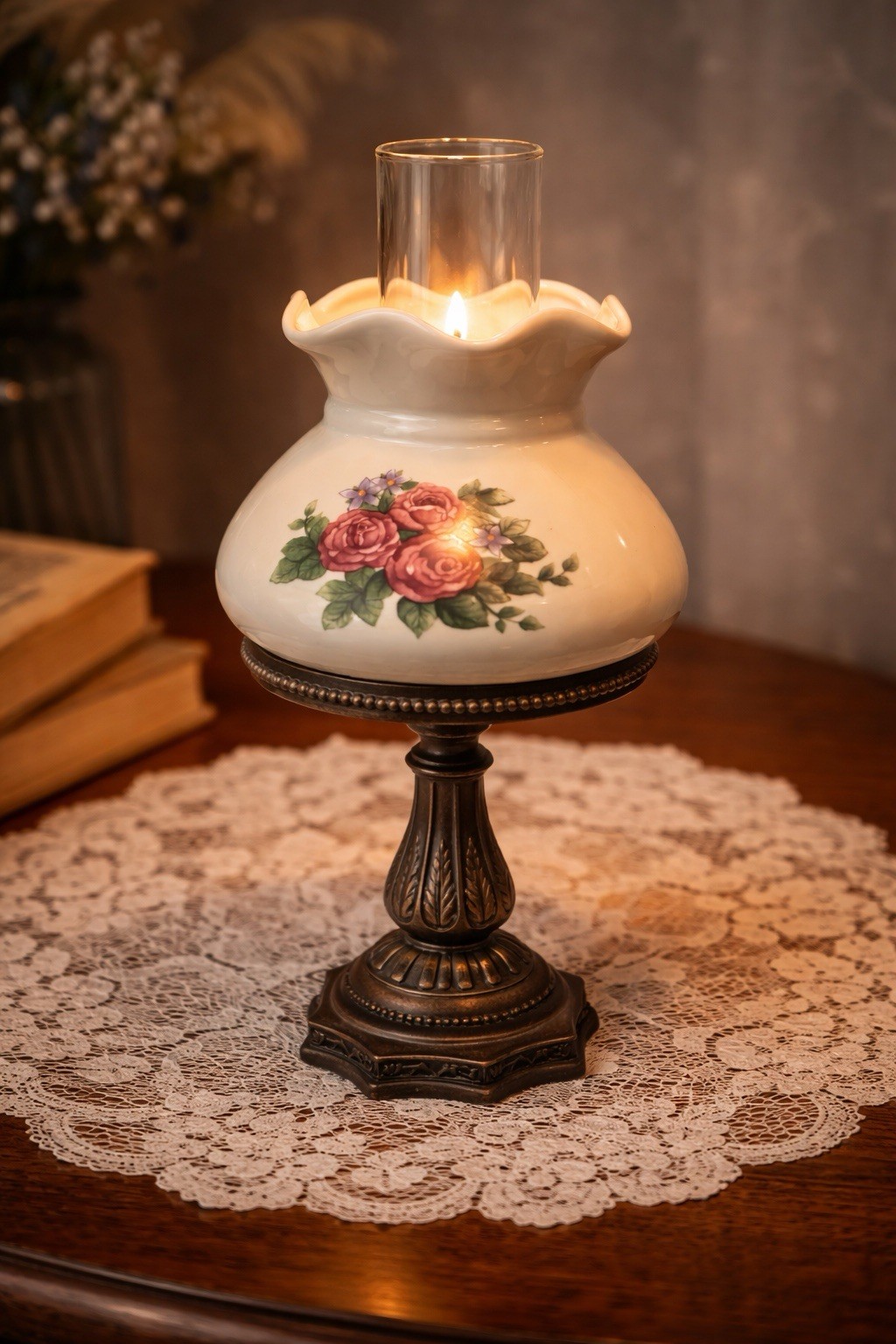 Victorian Style Hurricane Lamp – Floral Painted Glass Shade & Metal Base