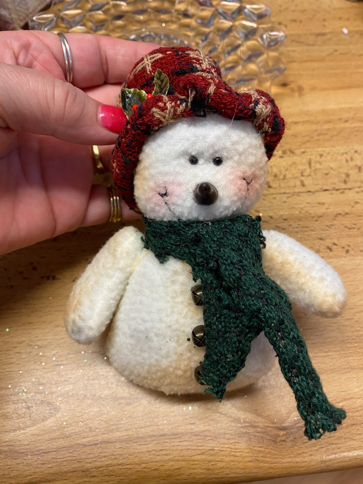 Fuzzy Plush Snowman Burgundy Hat Christmas Ornament 5"