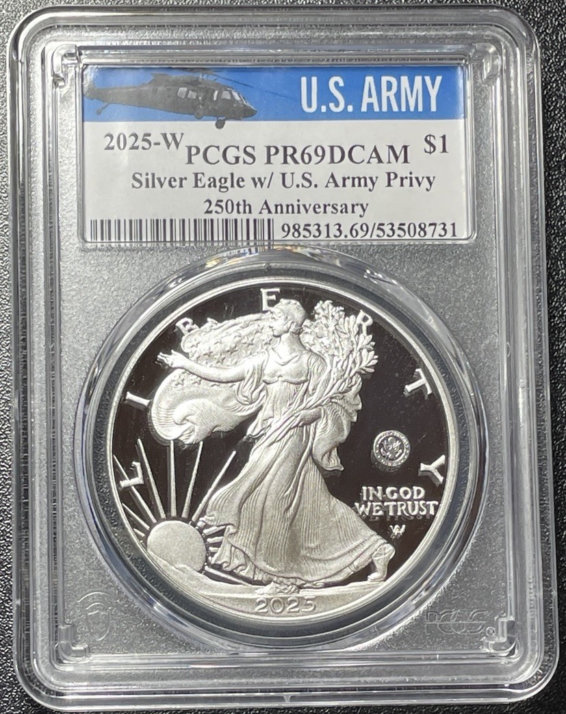 2025-S $1 Silver Eagle U.S. Army Privy 250th Anniversary PCGS PR69DCAM Proof