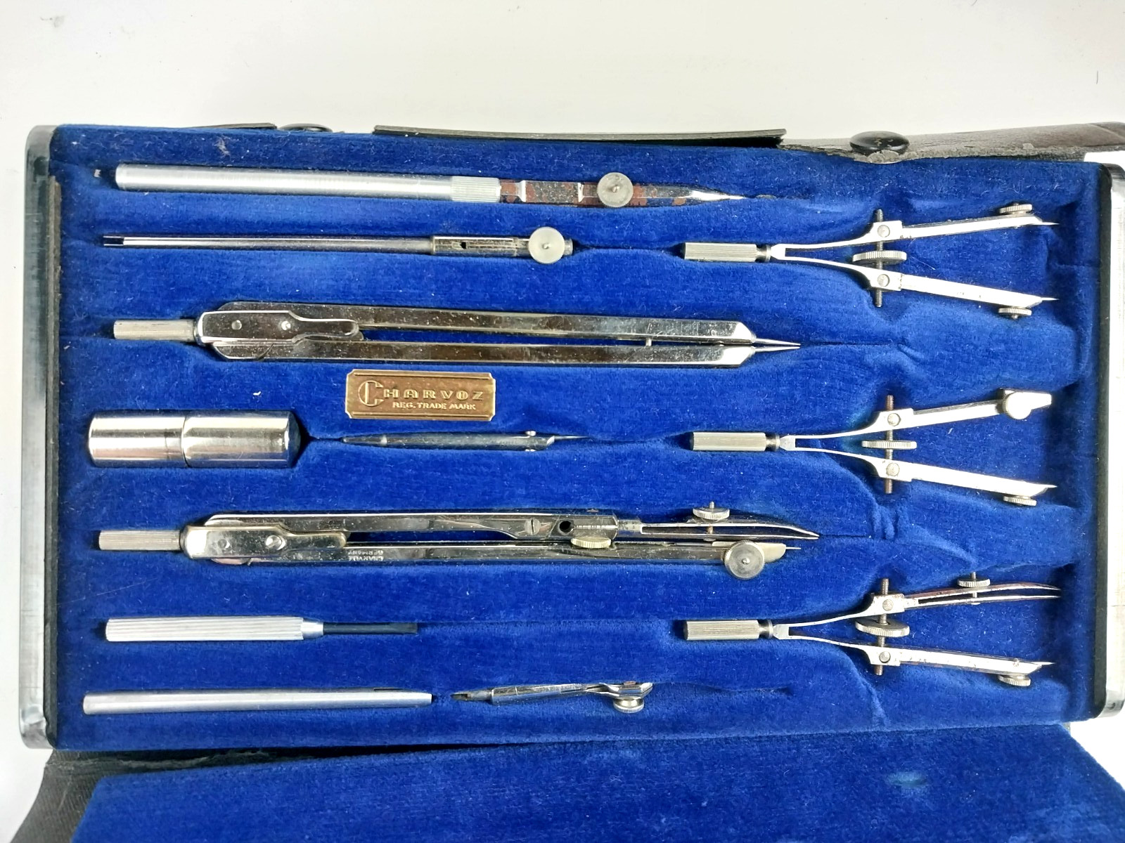 Vintage Charvoz 12-Pc Drafting Kit Precision Drawing Tools w/ Hard Plastic Case