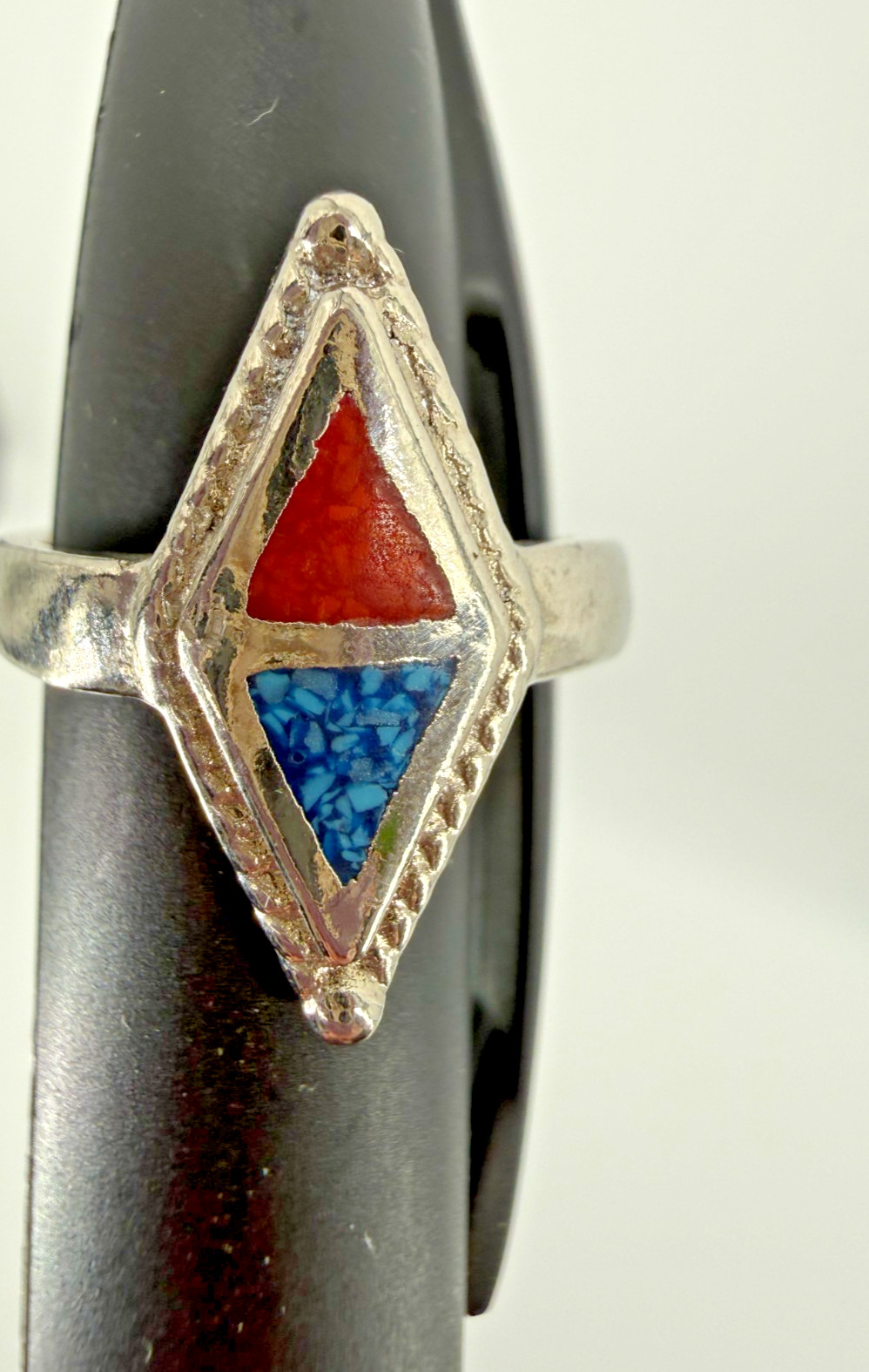Southwestern Style Inlay Ring Turquoise Coral Sterling Silver Look Size 6
