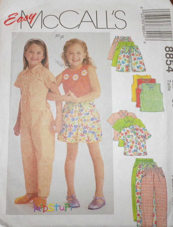 McCall's Sewing Pattern 8854 Girl's Shirt Top Pants Skort Sash Size 2-4 FF UNCUT