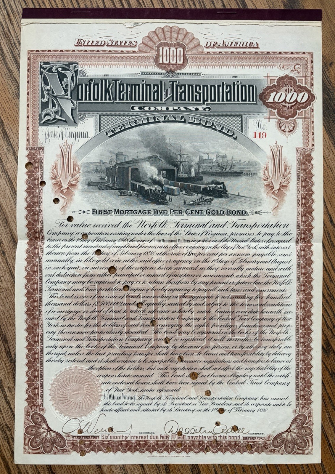 1898 Norfolk Terminal & Transportation Company Bond Stock Certificate