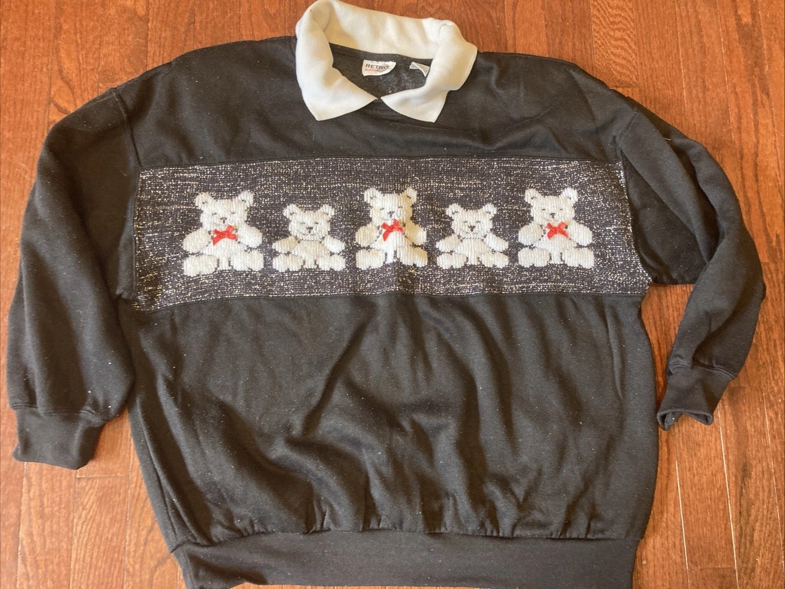 Vintage Teddy Bear Knit Pullover Sweatshirt 80s Collar Sz 24W Black Shoulder Pad