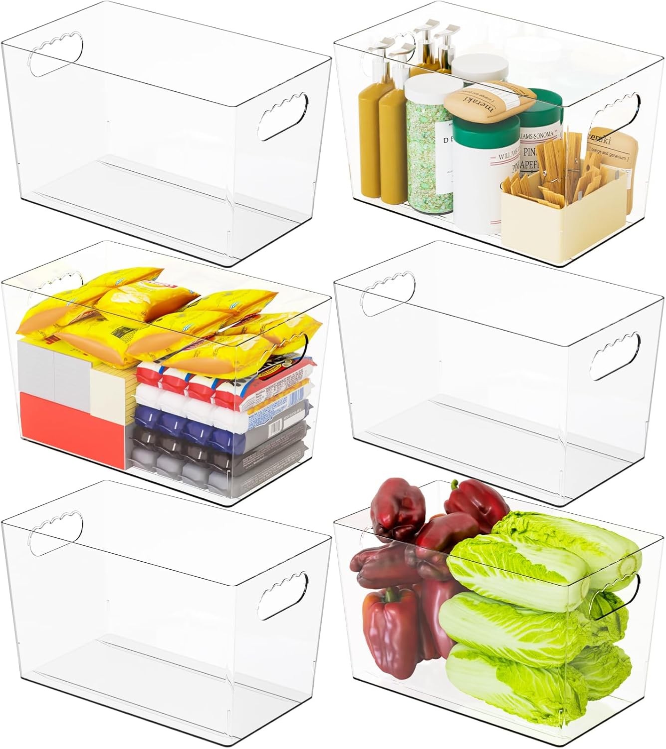 6 Pack Plastic Clear Bins for Organizing- With Handle -11″ Large Pantry Organi