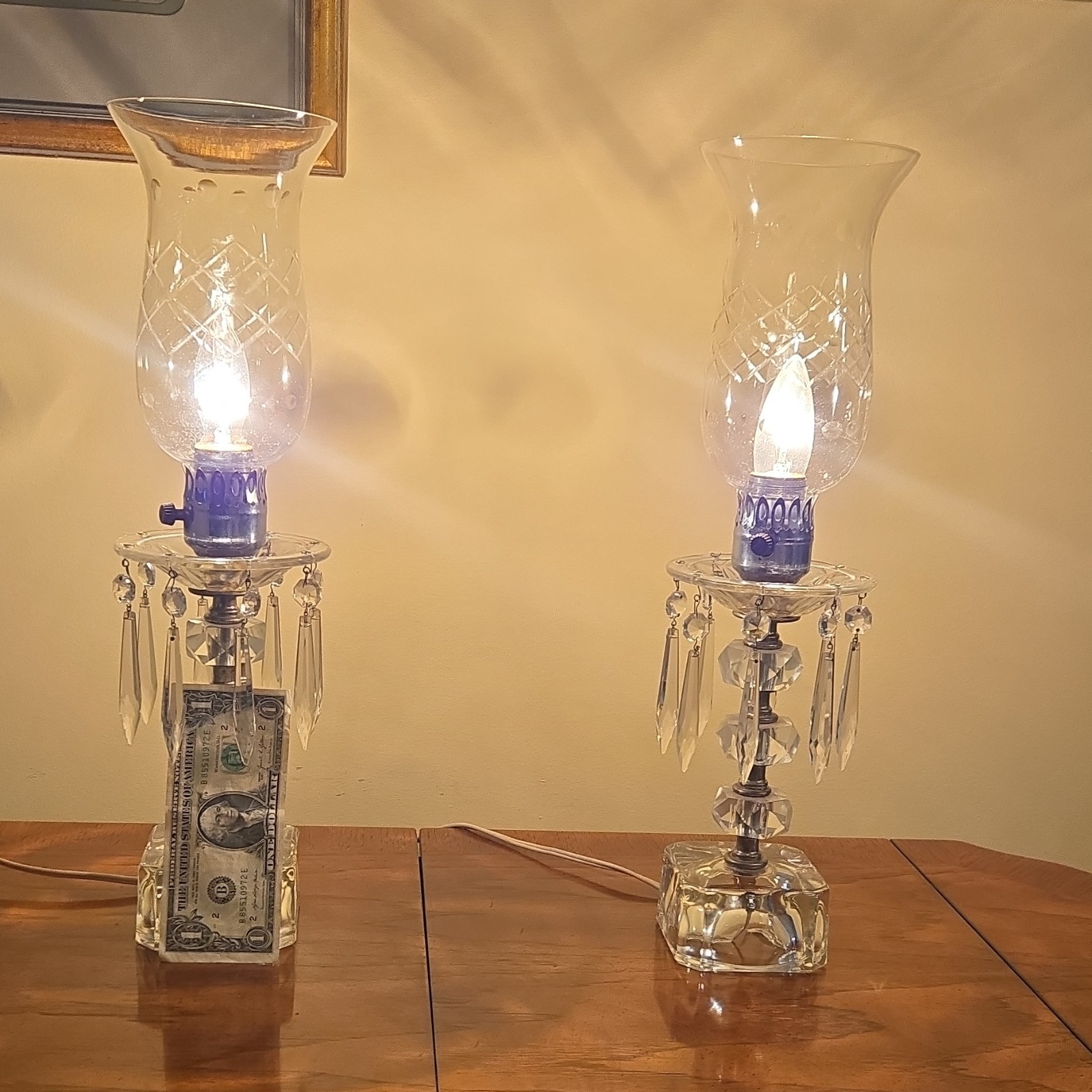 Pair of Clear Crystal Cut Glass Table Lamps with Diamond Cut Hurricane Shades