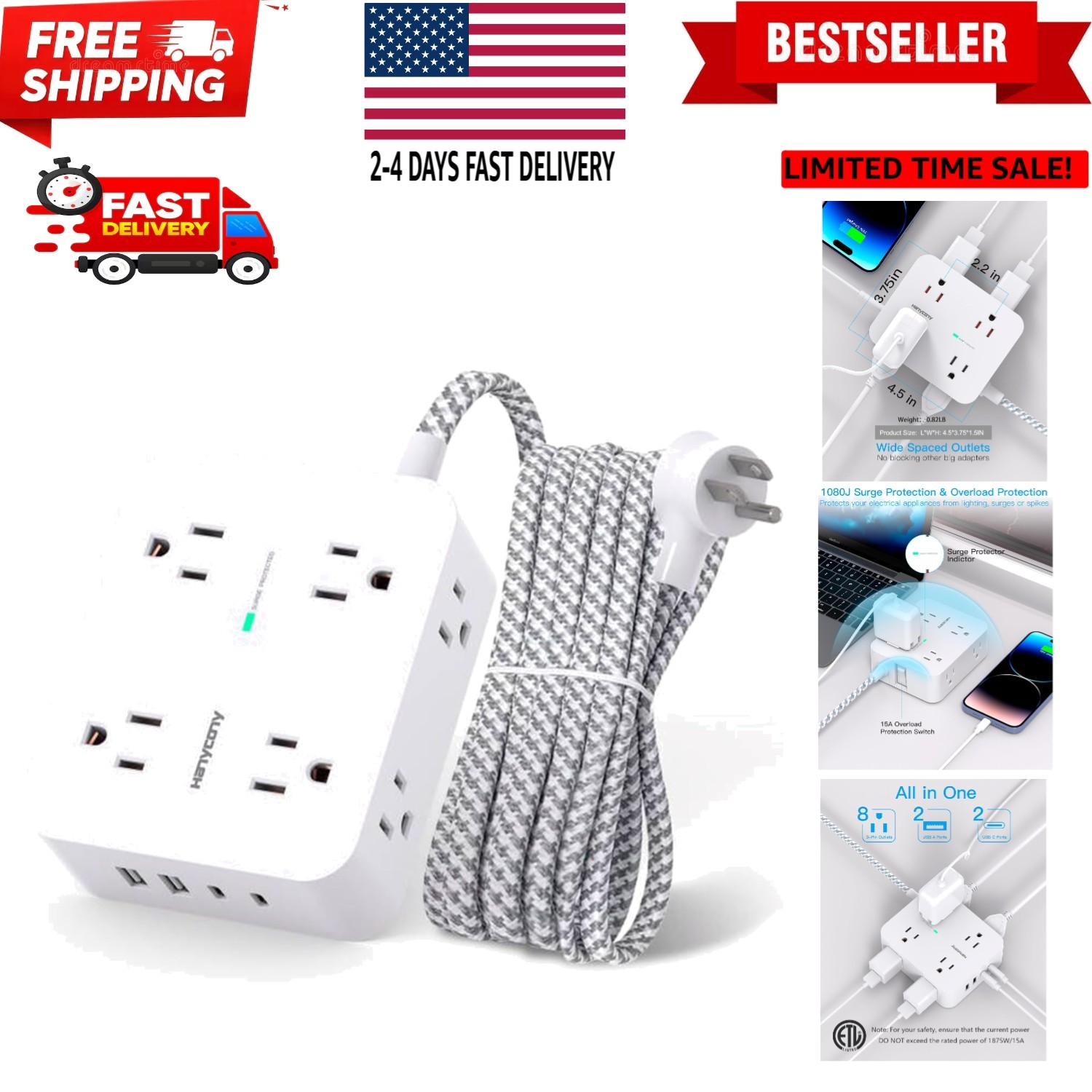 Surge Protector Power Strip - 8 Outlets 4 USB 2 USB C Charging Ports, Multi P...