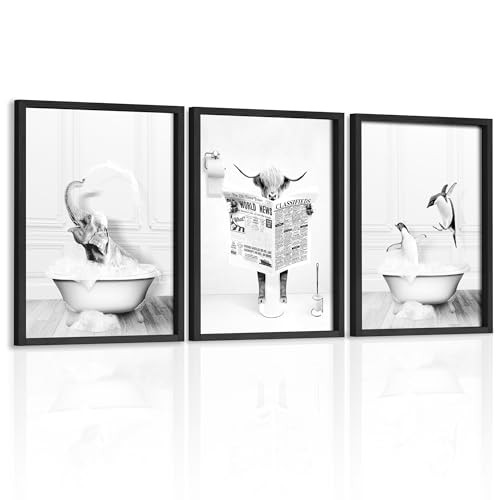  Framed Bathroom Wall Art Set of 3 Funny Animals - Penguin, Cow, 11"x14" Black