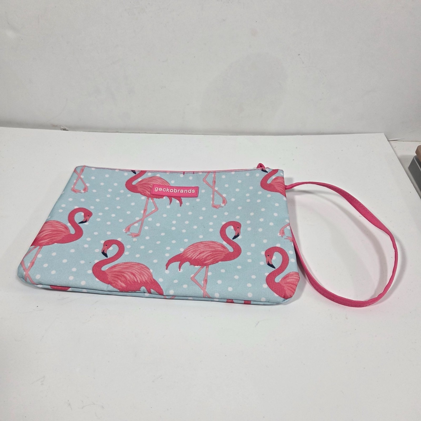 Gecko Brands Waterproof Wristlet Blue Flamingo Polka Dot Zip Pouch Bag