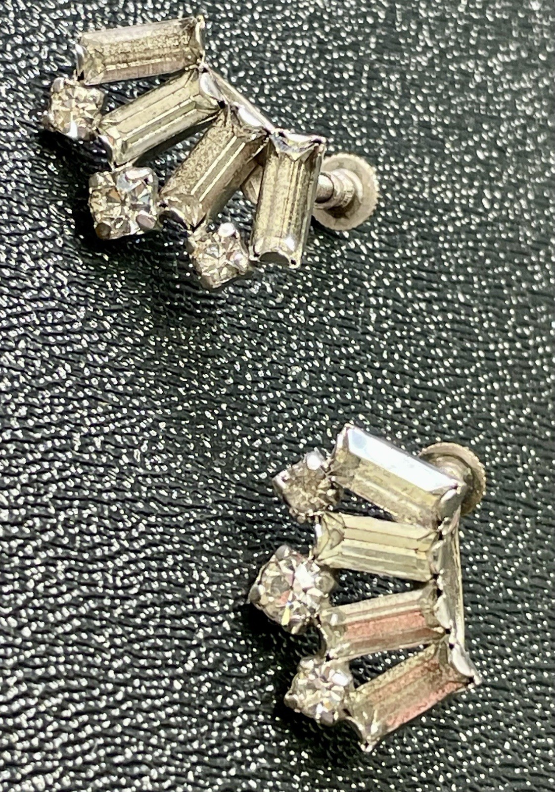 Vintage Baguette Crystal Rhinestone Silver Tone Screw Back Earrings