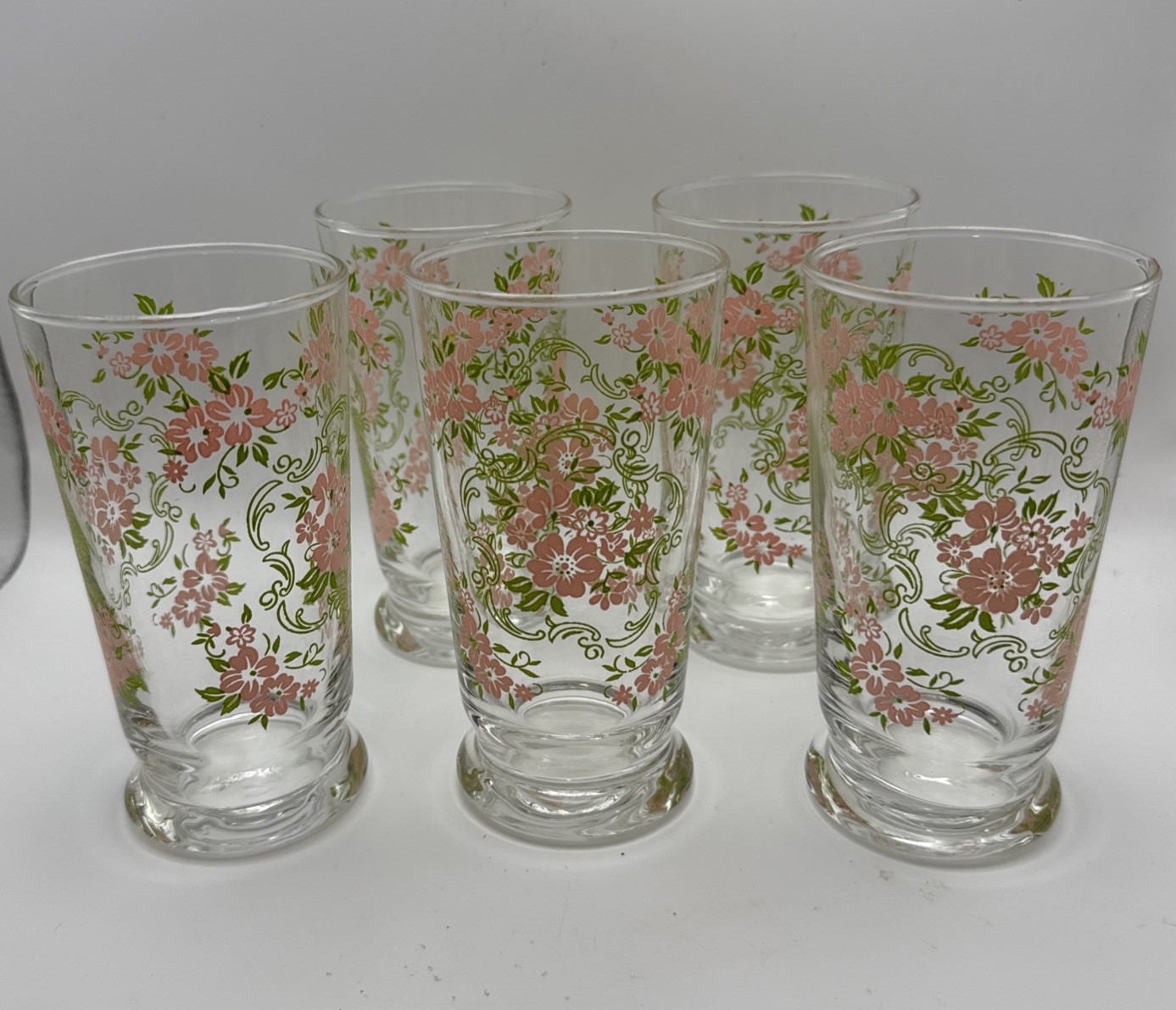 Set of 5 Vintage Libbey Pink Floral Green Vine Tumblers – 5” - Retro Barware
