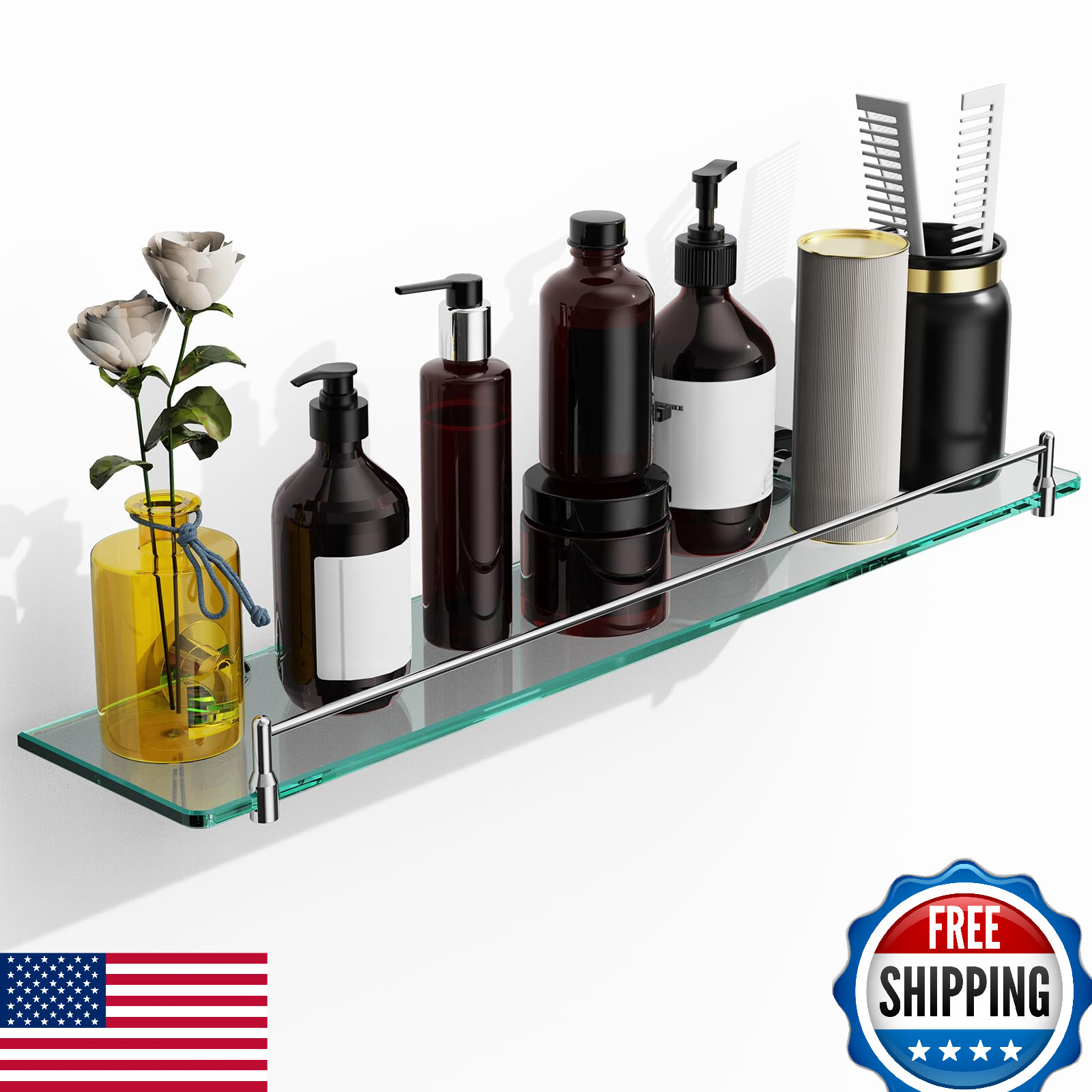 KOCOK 24" Glass Bathroom Shelf Chrome Polished Floating Wall Shelves Rectangular