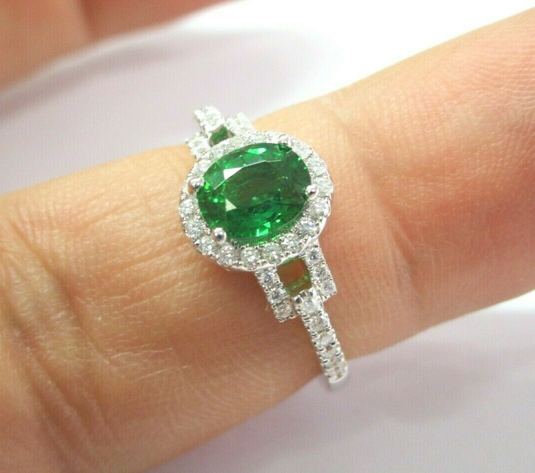 Tsavorite & Diamond Halo Ring 14Kt White Gold 1.43Ct