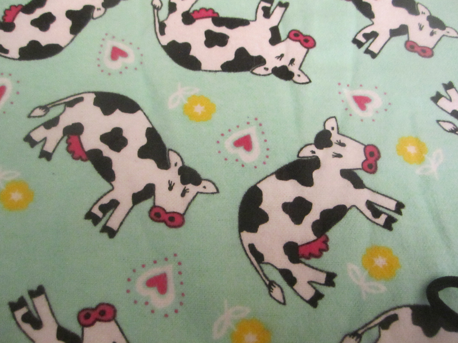 Fun Lightweight Cotton Flannel Cows Hearts on Mint Green Fabric BTY x 46
