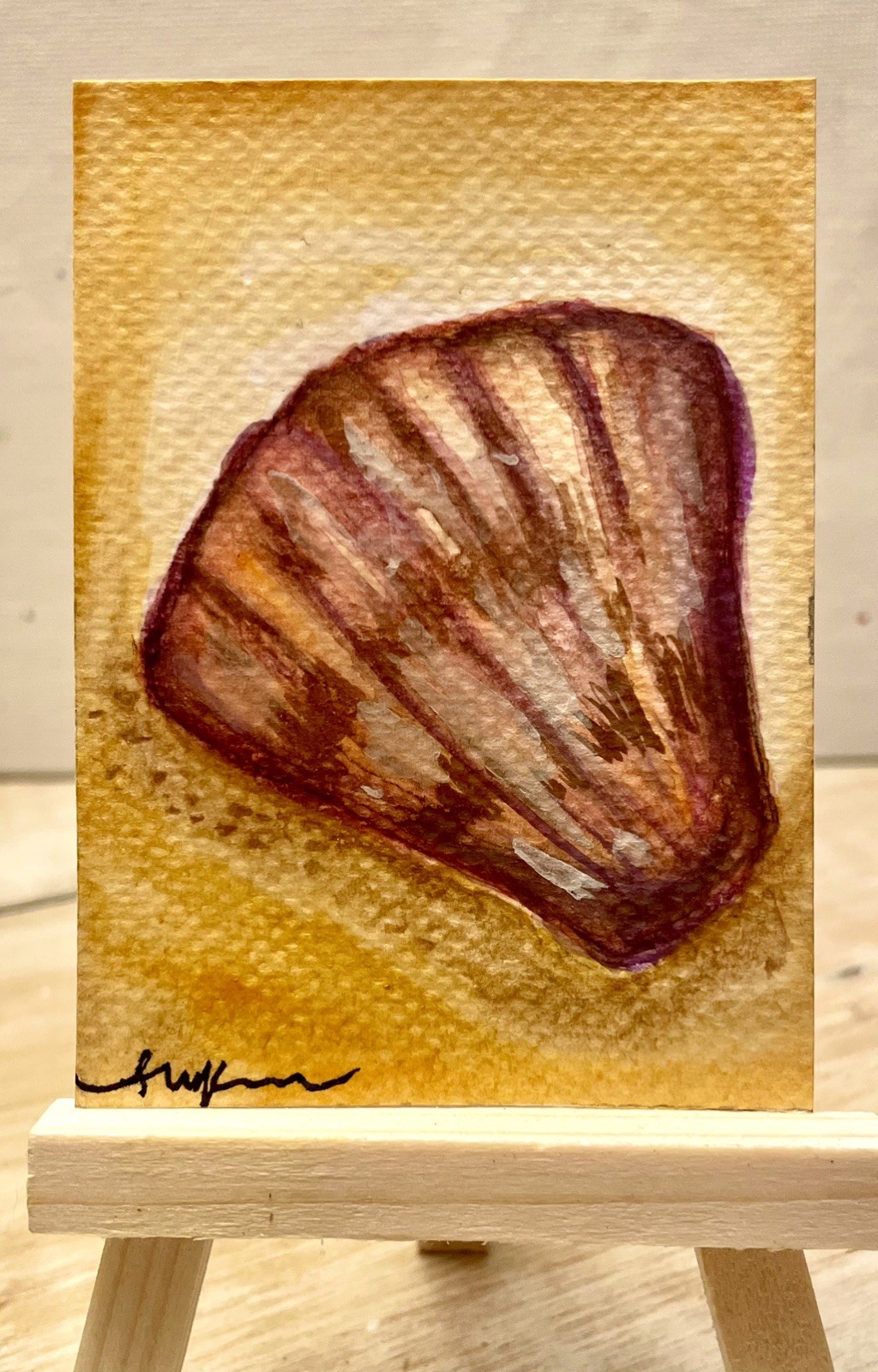 ACEO Original Art by Alkentart, Watercolor Beach Art, Seashell in Sand