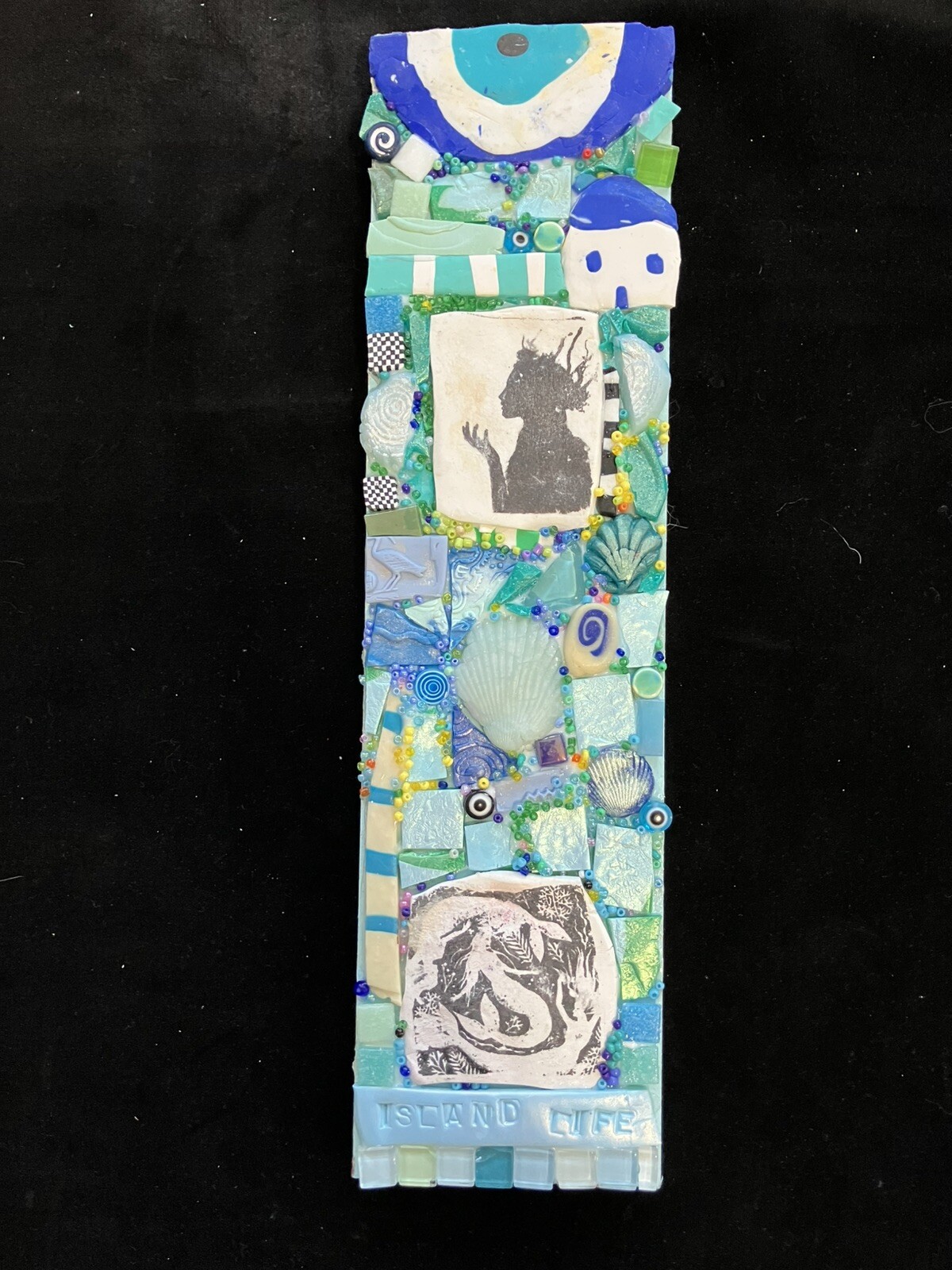 Handmade Clay Mosaic Art “Mermaids Life” Polymer Clay Original On Wood  12”x3”