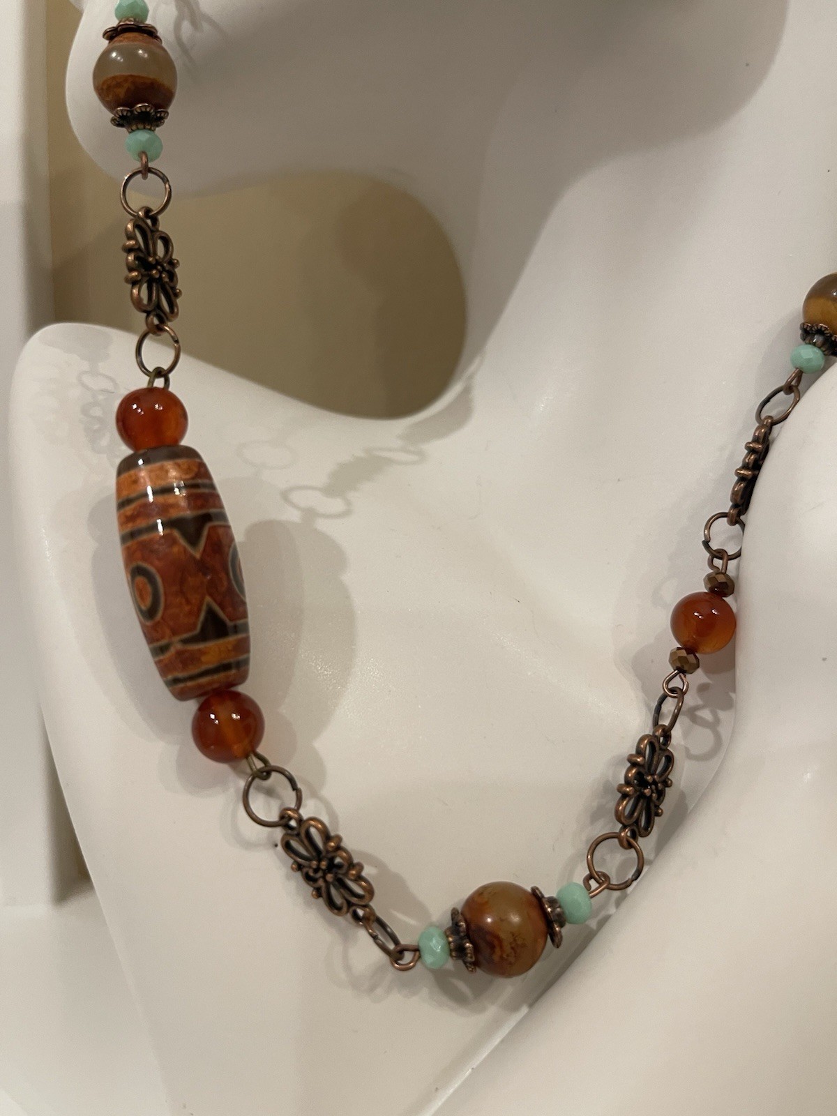 Chalcedony Gemstone Beaded Brown Orange Necklace Copper Tone Handmade