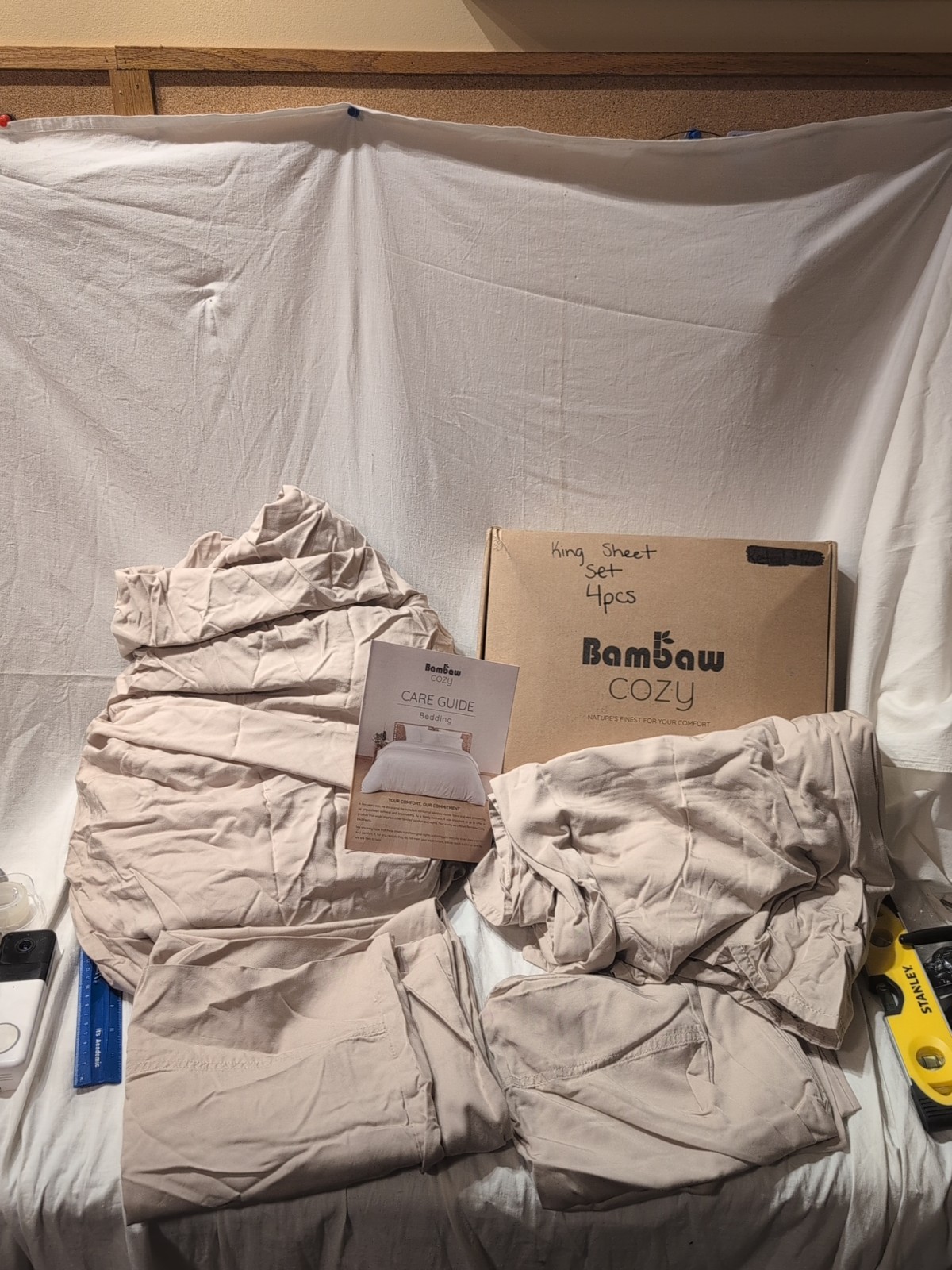 Bambaw Cozy Bamboo King Sheet Set 4 Piece Set Sand Open Box