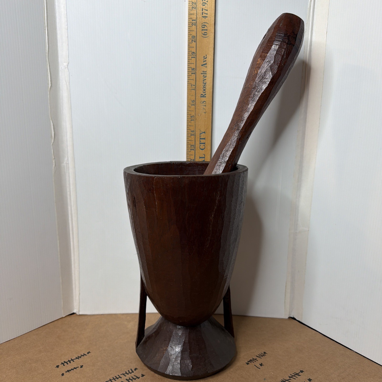 Large Antique Hand Carved Wood Mortar & Pestle Primitive