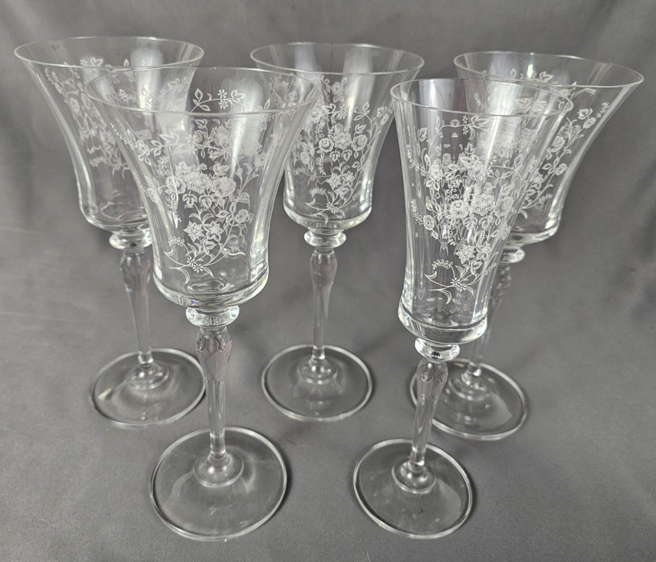 5 Mikasa Tea Rose Glasses 4 Wine Water Goblet - 1 Champagne Flute Clear Floral