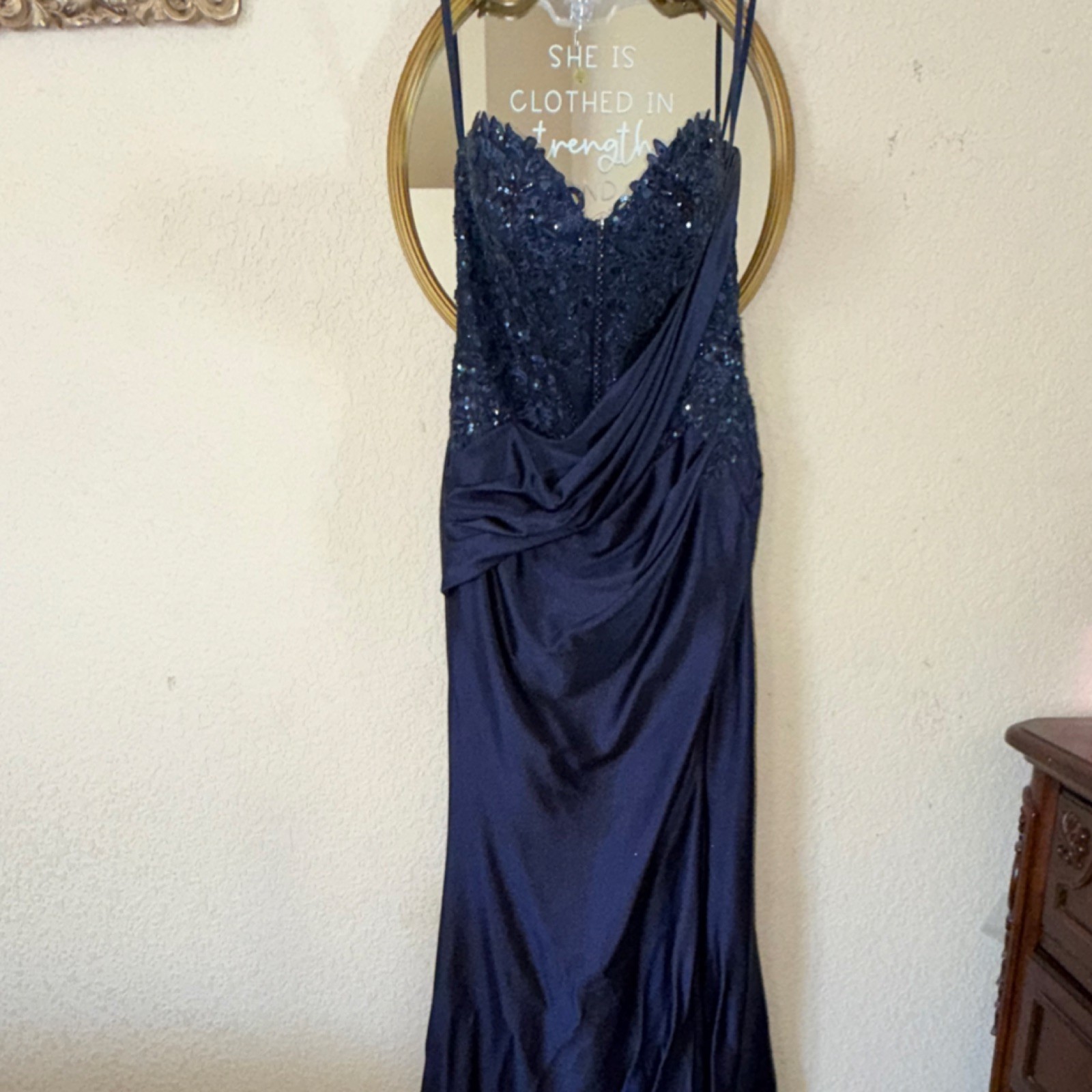 Ladivine by Cinderella Divine Navy Blue Sequined Formal Gown