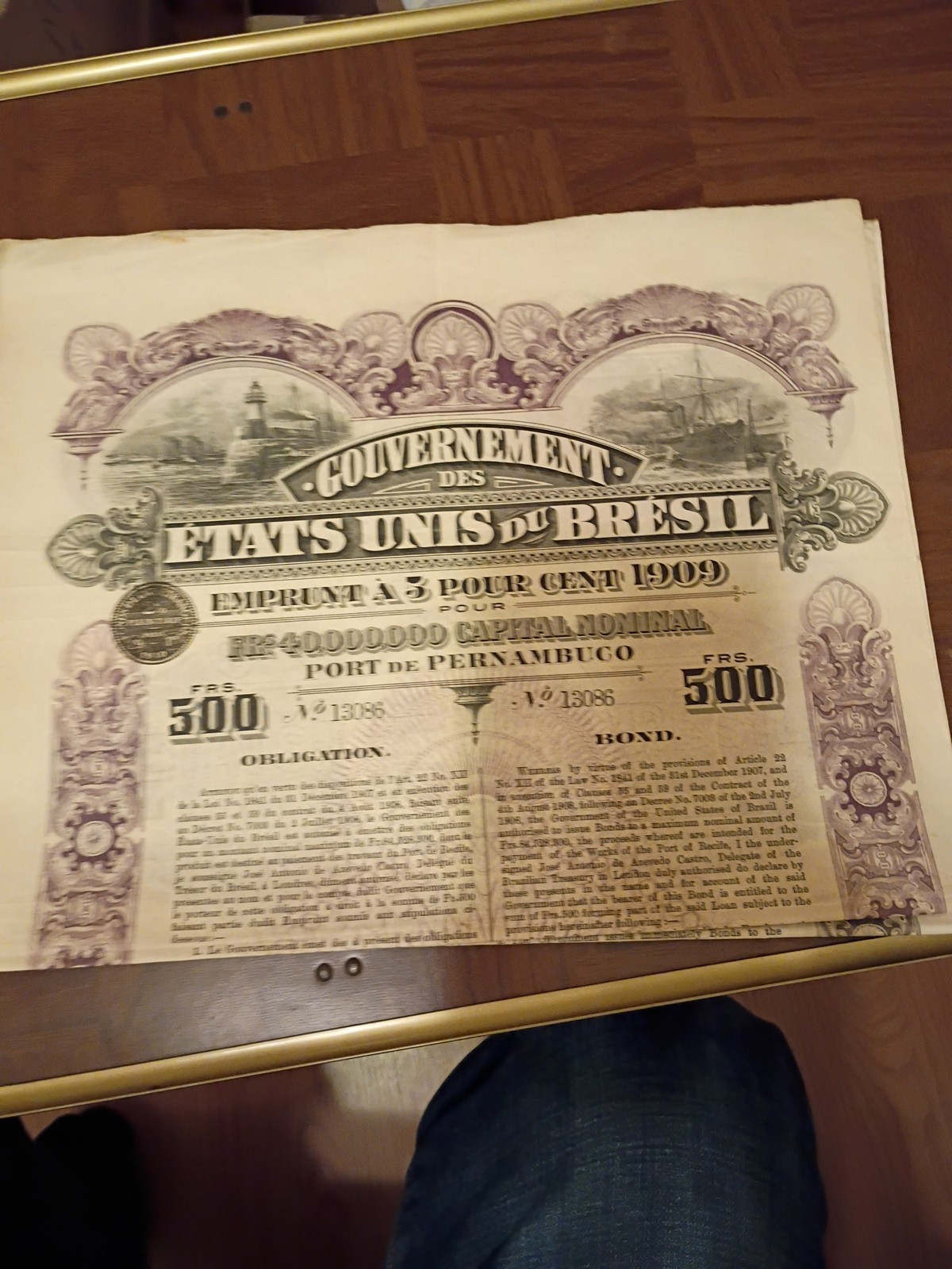 1909 Brazil Government 5% Loan Bond 500 Francs Port of Pernambuco Ornate...