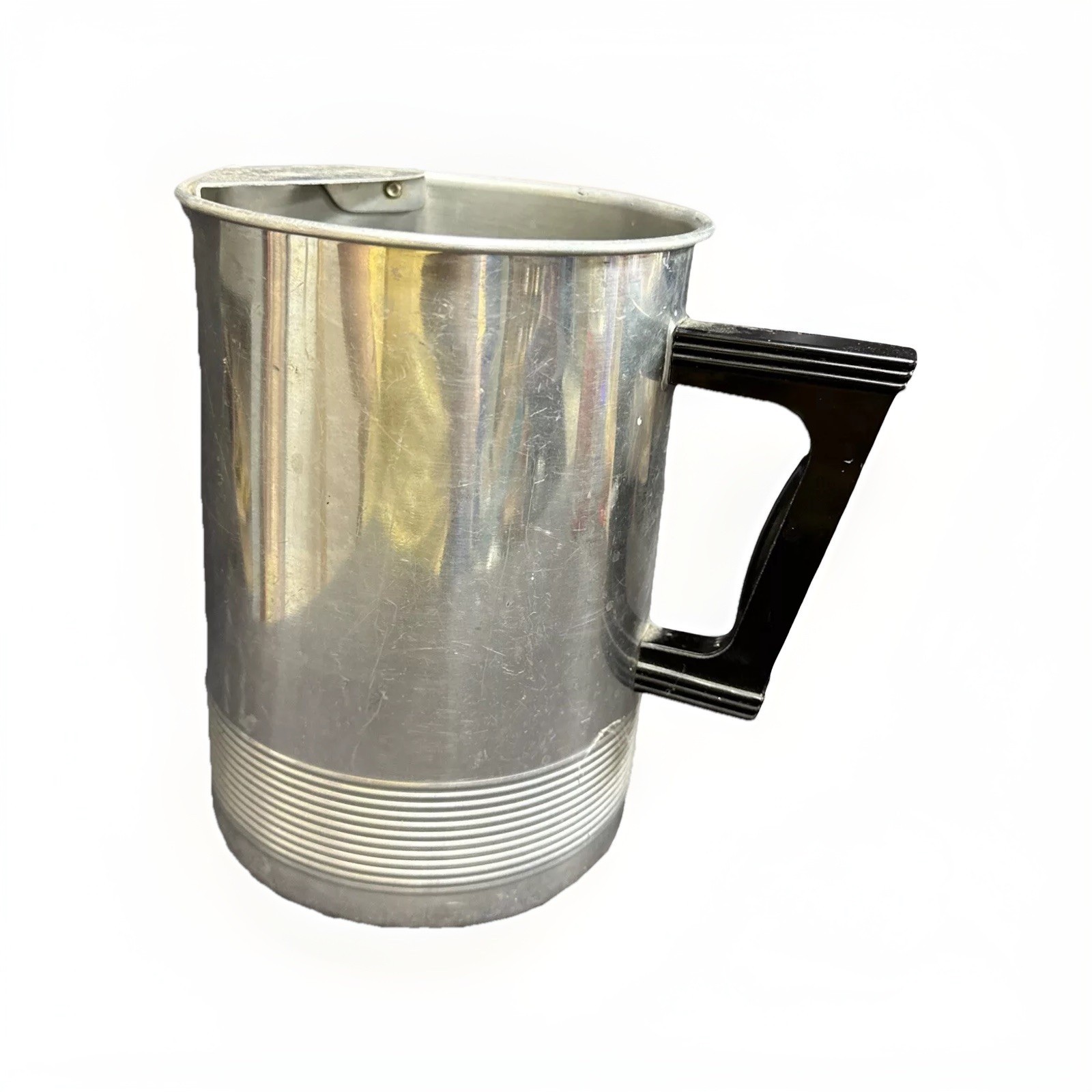 MCM Silver Tone Aluminum Pitcher W/Spout Lip, Black Handle & Ribbed Design