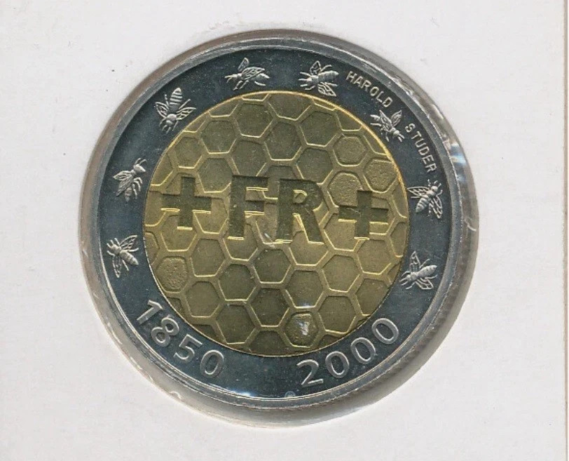 Switzerland Eight bees , 5 Francs 2000 bimetallic UNC coin Honey Honeycomb bee
