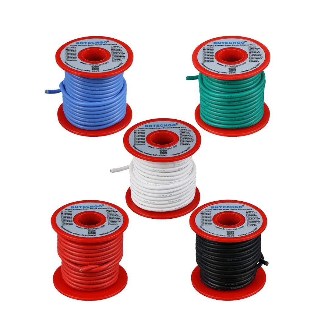 BNTECHGO 14 Gauge Silicone Wire Kit Red Black White Blue and Green Each 25ft 14
