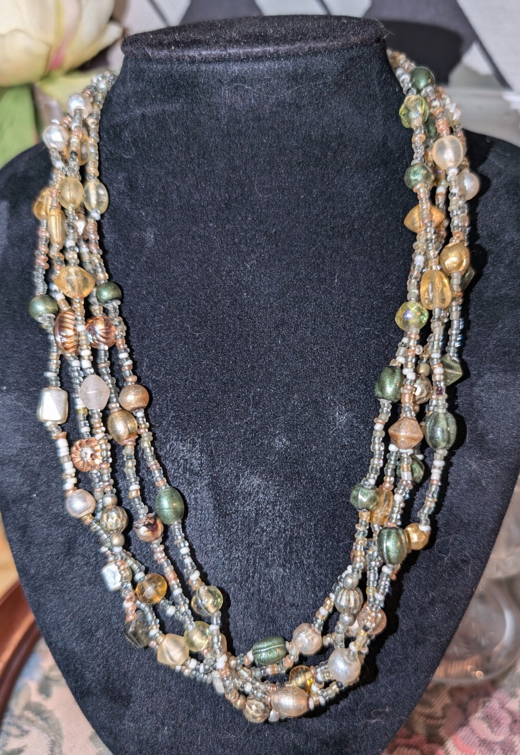 Stones & Seed Beads 5 Strand Necklace - Tans, Green, Cream, Gold, Silver