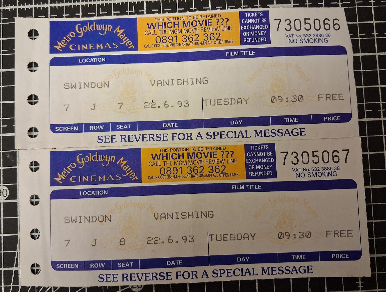 Vintage The Vanishing MGM Swindon Cinema Ticket Stub UK 22-06-1993
