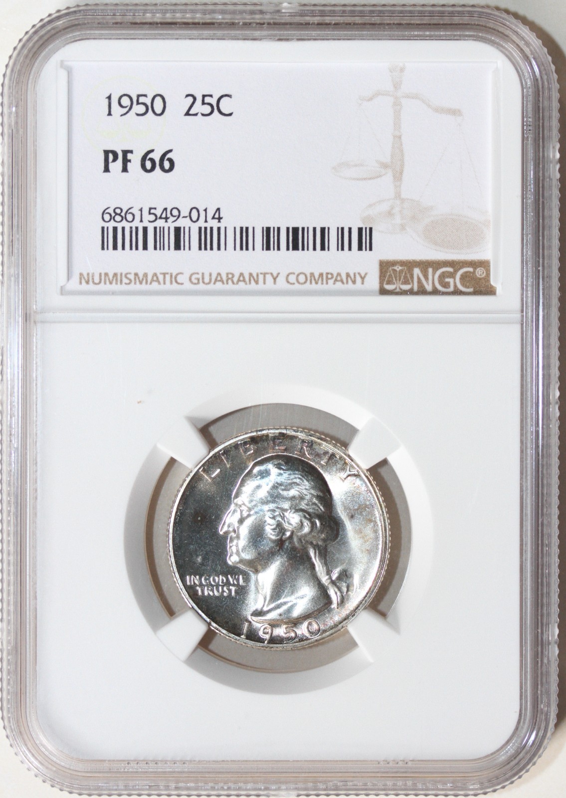 1950 Washington Quarter NGC PF66 PR66, Light Toning